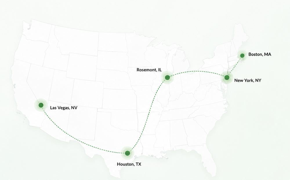 Map of U.S. cities where REplace will meet in 2026: Las Vegas, New York, and Boston