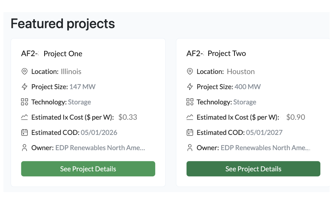 Featured projects comparison showing side-by-side project details