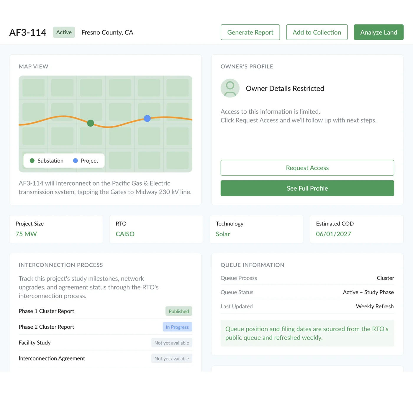 iQueue project dashboard showing map view, owner profile, project details, and interconnection process for a renewable energy project
