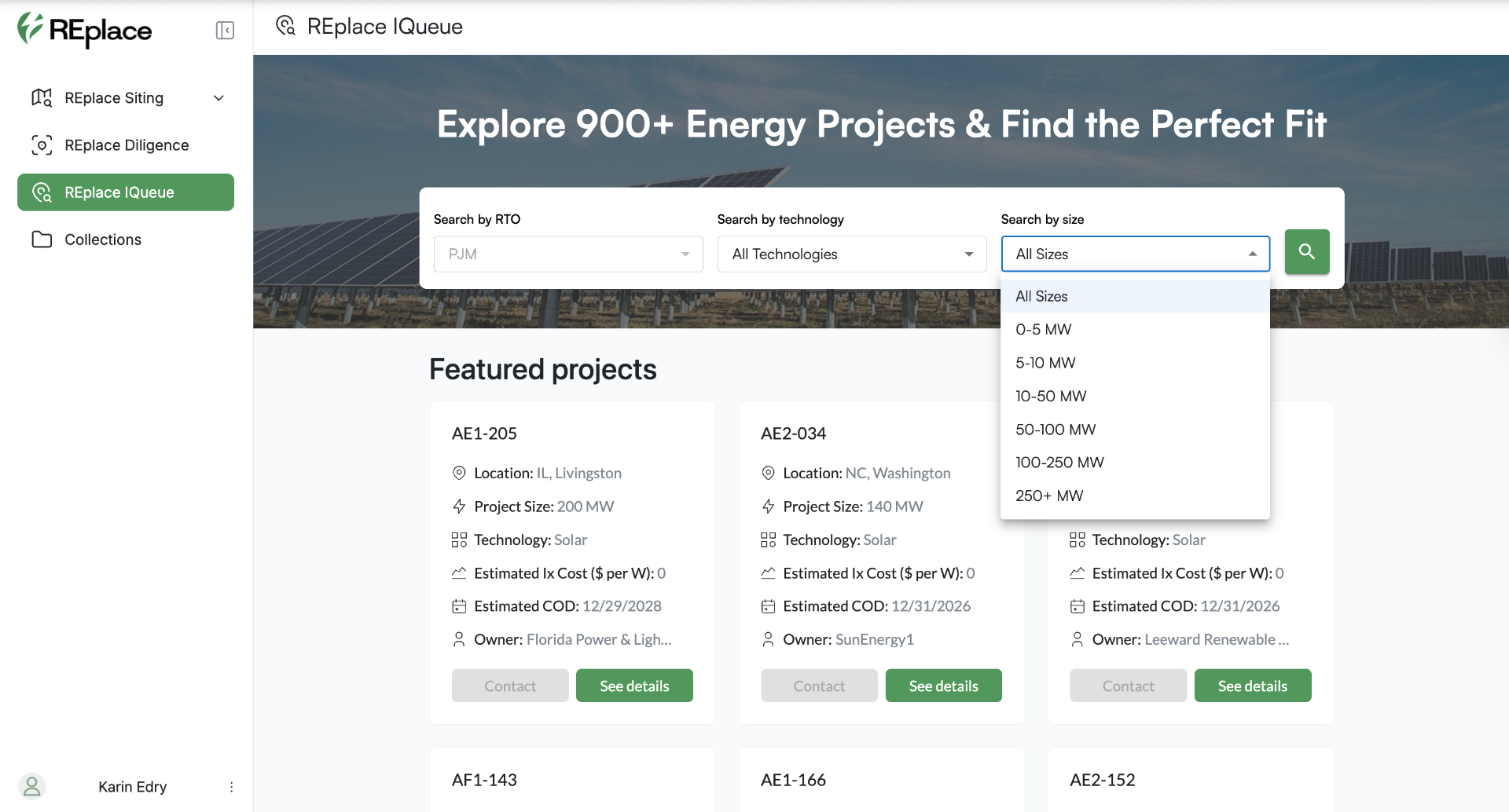 iQueue platform interface showing project search and filtering