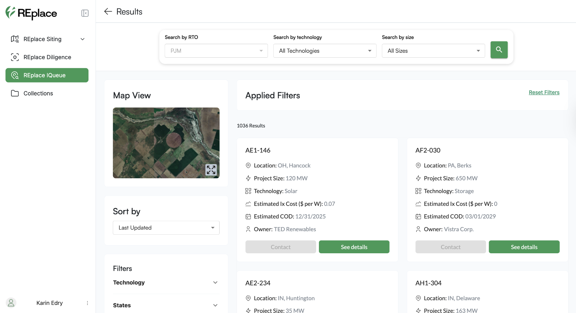 iQueue platform showing interconnection queue search results