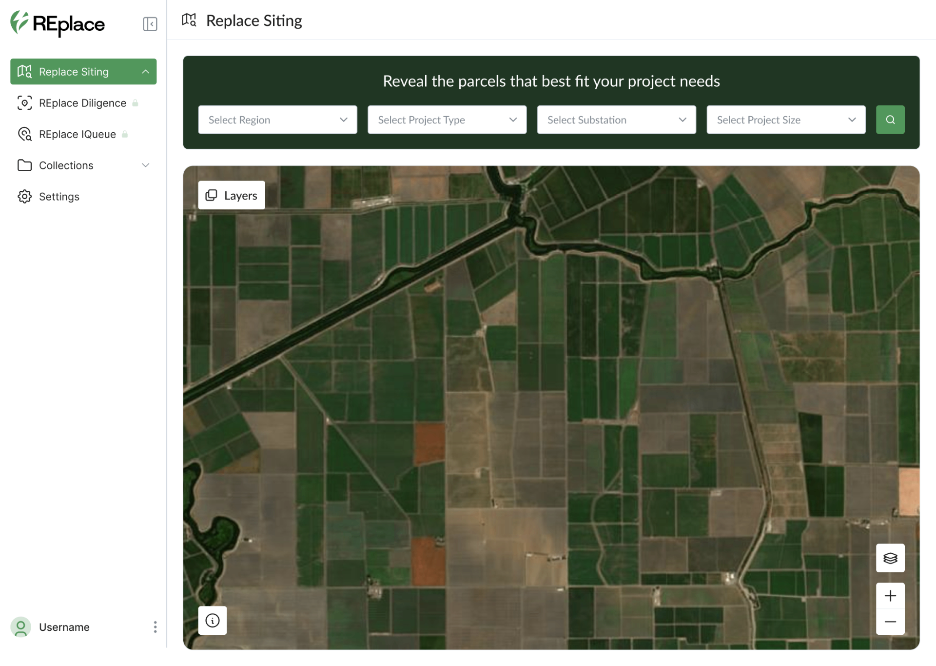 REplace Siting platform showing geospatial parcel analysis